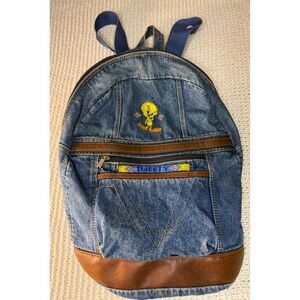 Vintage Tweety Bird Denim Backpack Beaded Looney Tunes Embroidered Blue Bag